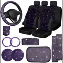   17 Pack Bling Car Seat Covers Set Car Diamond Accessories Rhinestone Crystal Steering Wheel Cover, Bling (Pink, Half Part Bling, purple