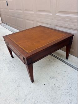 Antique/Vintage Square Coffee Table with drawer and leather top inlay