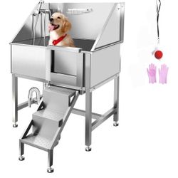 38" Pet Grooming Bath Tub Pet Dog Shower Wash Station w/ Stairs, Stainless Steel