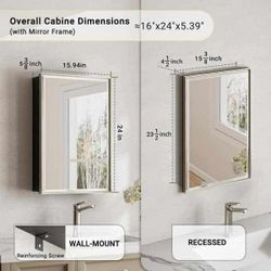 NEW - 16 in W x 24 in H Brush Nickel Rectangular Aluminum Medicine Cabinet with Beveled Mirror, Recessed or Surface