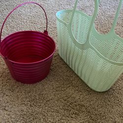Pink Metal Basket and Green Tote Bag