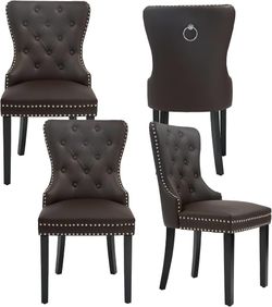 PU Leather Dining Chairs Set of 4, Upholstered Dining Room Chairs with Wooden Legs & Pull Ring, Modern Kitchen Chairs 350 LBS Capacity, Brown  Set of 