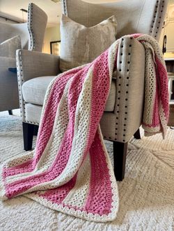Handmade Crochet Pink & Cream Striped Throw Blanket – 40” x 65” - Clean! Like new! - Can Ship