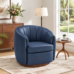 34''W Genuine Leather Barrel Swivel Accent Chair with Wood Base, Blue