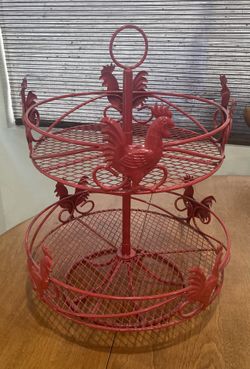 2 Tier Red Metal Rooster Countertop Basket Rack Lazy Susan