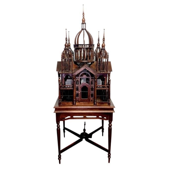 Monumental Vintage Gothic Style Architectural Bird Palace in Mahogany and Wire Design