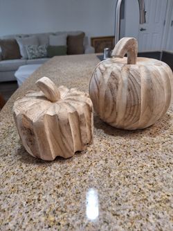 Set of two Carved Wood Pumpkin Decor