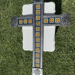 Large 30” Punched Tin & Tile Cross Yellow Florals Wall Hanging Outdoor Home Decor Garden Decor Religious Art