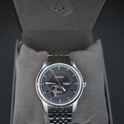 Bulova 96A190 Automatic 21 Jewels Open Heart Black Dial 40mm Men's Watch Runs
