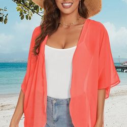 3X CORAL Womens Kimono Beach Cover Up Chiffon Cardigan Floral Tops Loose Cape