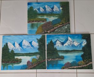 Title:Set of 3 Hand‑Painted Bob Ross Style Landscape Oil Paintings 20"×16" Each
Matching set of three canvas oil artworks, mountain lake scenery, Bob‑