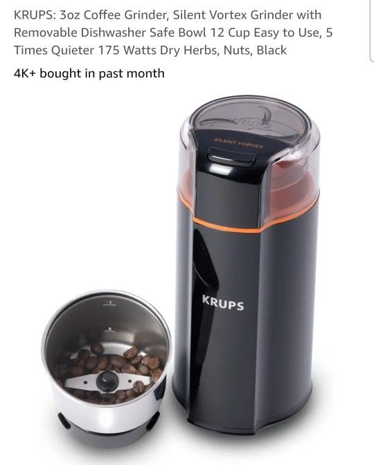 KRUPS: 3oz Coffee Grinder, Silent Vortex Grinder with Removable Dishwasher Safe Bowl 12 Cup Easy to Use, 5 Times Quieter 175 Watts Dry Herbs, Nuts, Bl