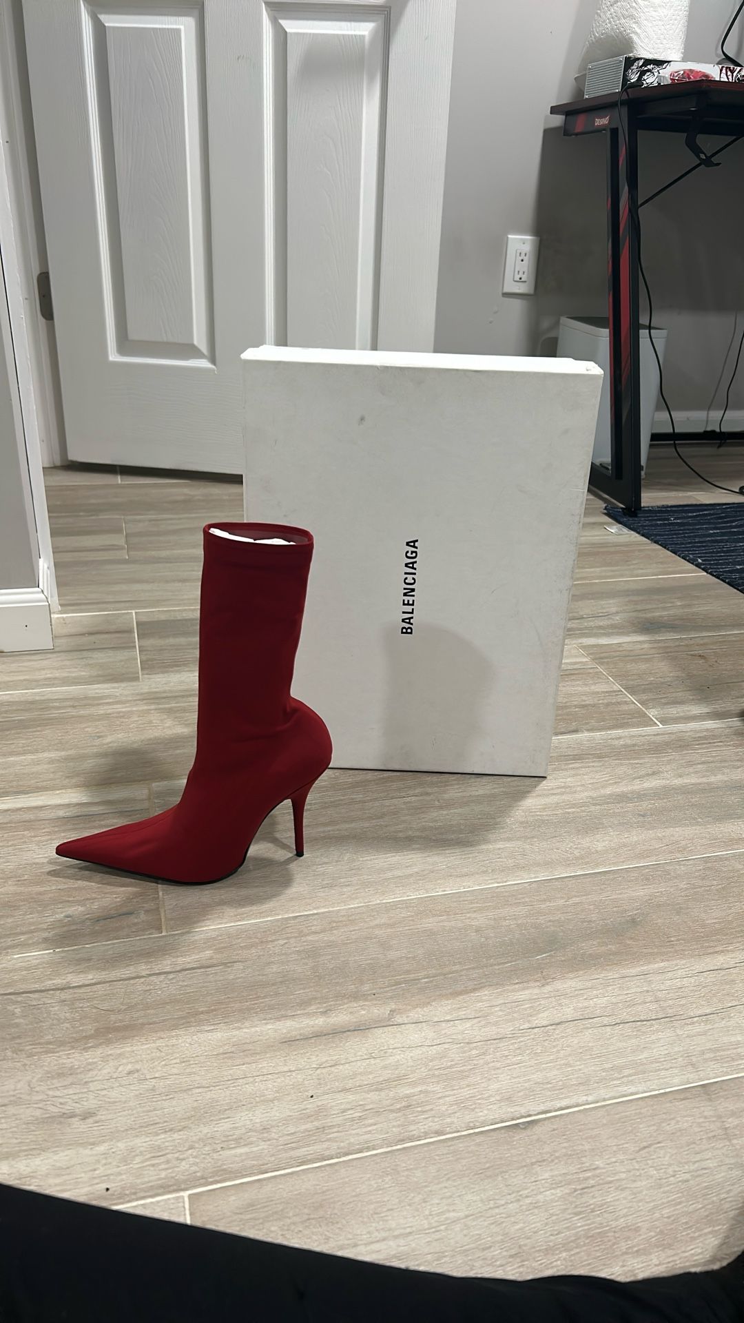 NWOB Balenciaga Knife Bootie Stretch Spandex Bright Red Heels Boots 36