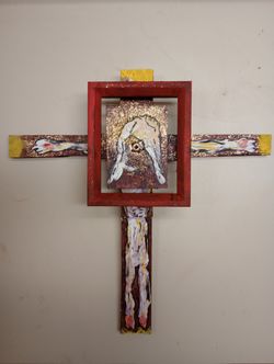 Crucifixion Jesus Assemblage Folk Art *40.00* Acrylic on Wood 14.5" x 14.5" Artwork