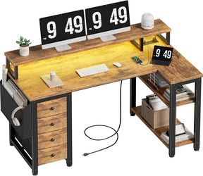 L Shaped Gaming Desk with Led Lights and Power Outlets, 47 Inch 