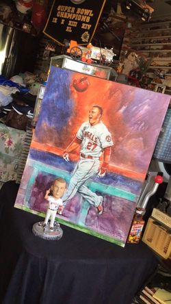 Collectible canvas print of angels Mike Trout and bobble head