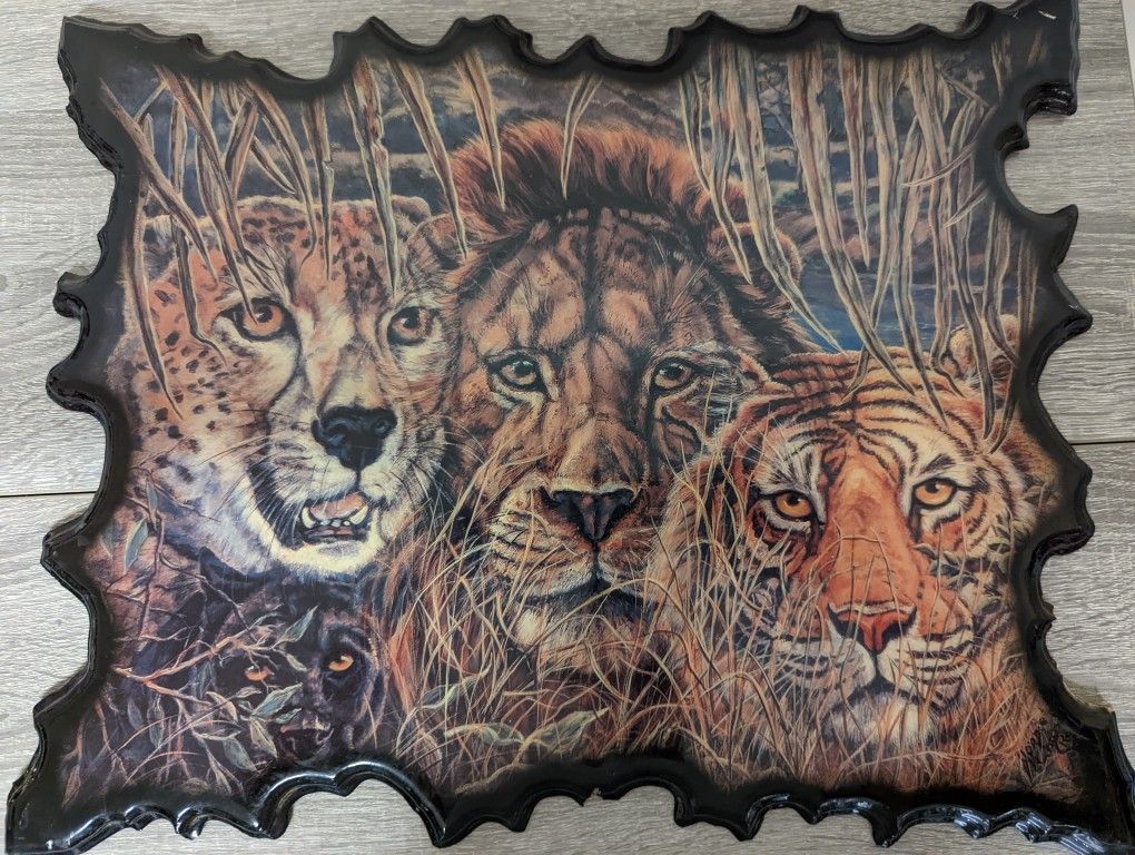 African Tiger, Lion, Panther Big Cats Wildlife Barnwood Wall Art Wooden Scene