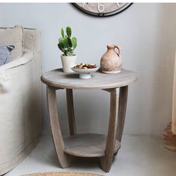 Farmhouse end Table with Storage Shelf, French Country Accent Side Table for Family, Dinning or Living Room, Small Spaces, Modern, Round, Vintage Grey