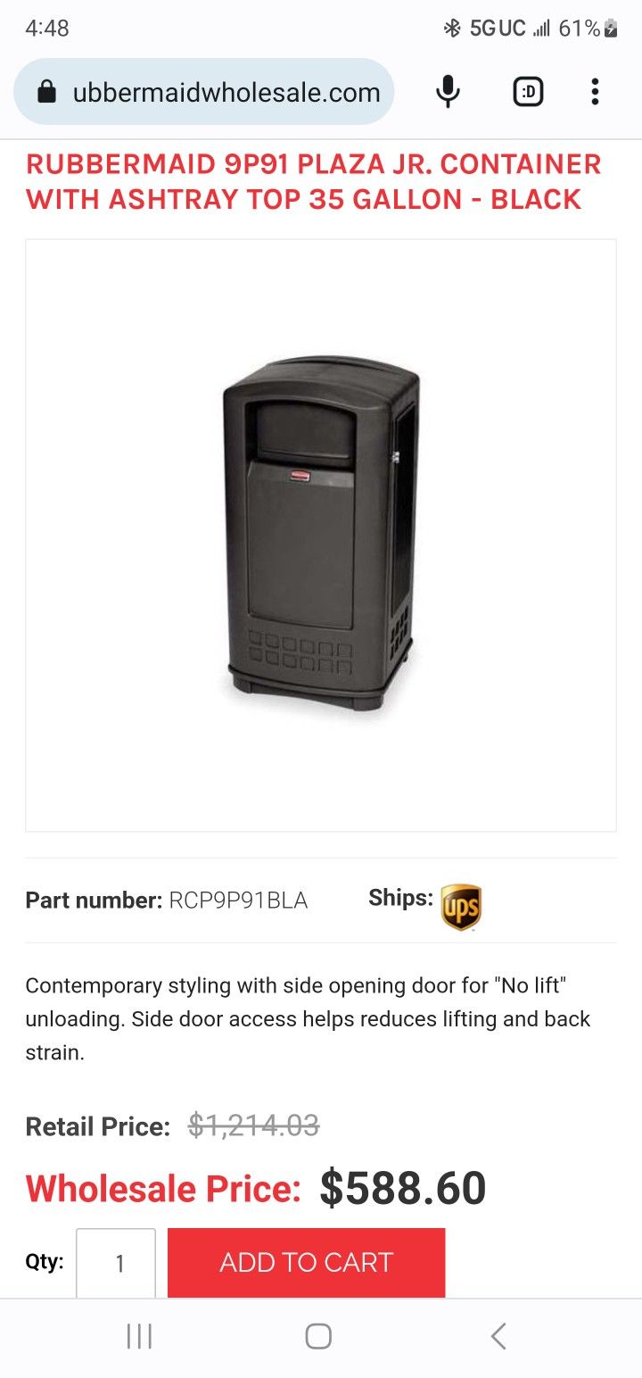 RUBBERMAID 9P91 PLAZA JR. CONTAINER WITH ASHTRAY TOP 35 GALLON - BLACK