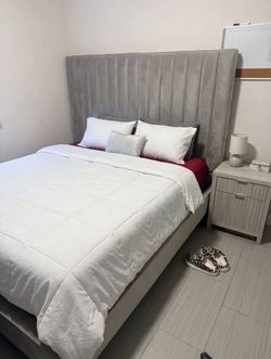 Gray Velvet Upholstered Bed Frame with mattress
