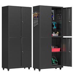 Metal Storage Cabinet with Wheels, Steel Garage Storage Cabinet with Lock Door and Adjustable Shelves, Tall Tool Storage Cabinet for Home Office, Gara