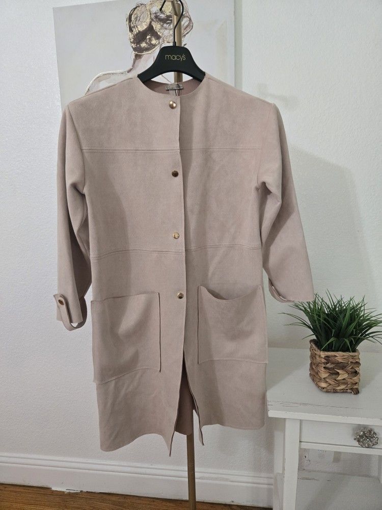 Zara Soft Faux Suede Duster Collar less Jacket Size Small Color Beige/ Gold