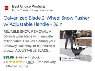 Galvanized Blade 2-Wheel Snow Pusher wl Adjustable Handle - 36in