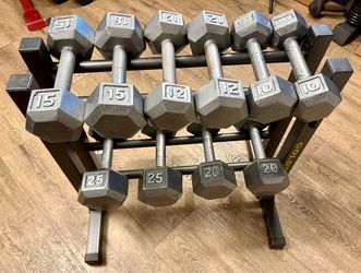 Set of Cast Iron Hex Dumbbells with Rack 10s, 12s, 15s, 20s ans 25s Like NEW [PRICE INCLUDE RACK] Weight: 164 lbs.