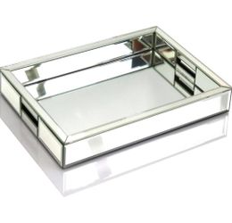 QMDECOR Rectangle Silver Mirror Decorative Tray Size 11” Length x 14” Width x 2” Height, Mirrored Vanity Organizer with Hand