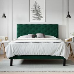 Full Size Bed Frame, Velvet Upholstered Platform Bed with Adjustable Diamond Button Tufted & Nailhead Trim Headboard, Black