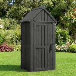 New in box -Black 2.2 ft. W x 1.9 ft. D Weatherproof Resin Outdoor Storage Shed Garden Tool Cabinet with Shelf and Hooks