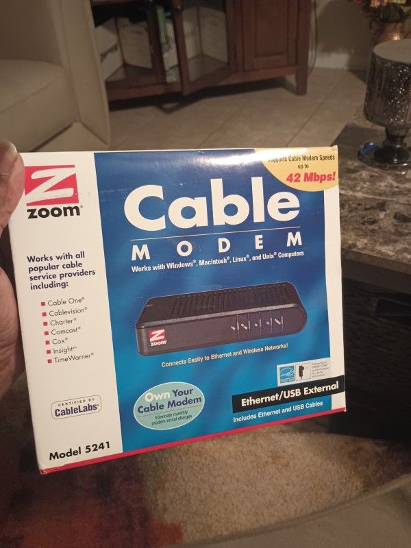 New Zoom Cable Modem Ethernet/USB External Model 5241 Windows Mac Linus Unix