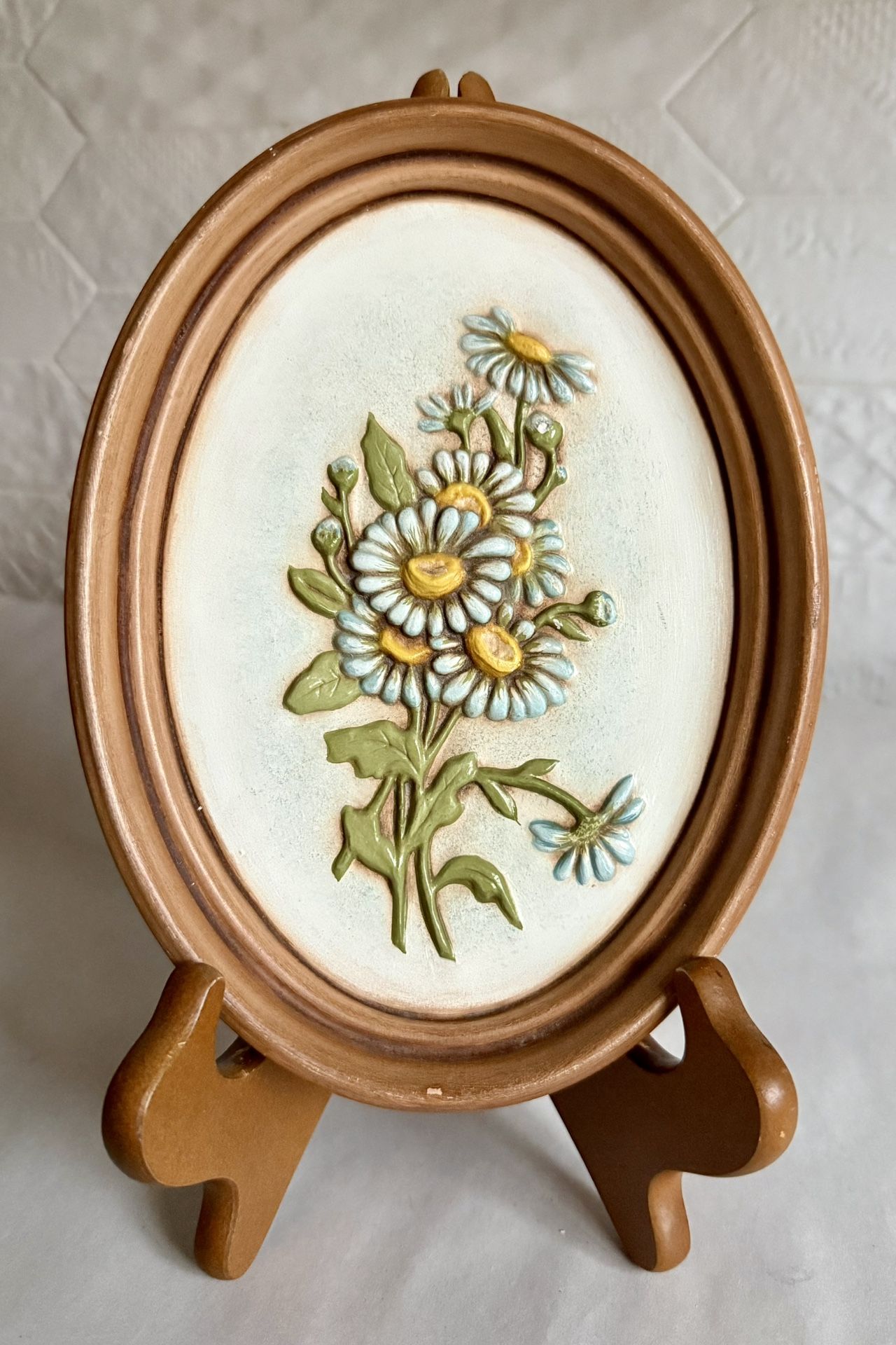 Vintage Midcentury Ceramic Wall Plaque With Raised Daisies Design