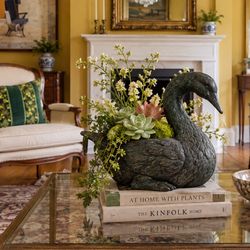Pair 2 of Vintage Style Swan Planters Grandmillennial Garden Décor RESIN Heavy Sculptured verdigris 