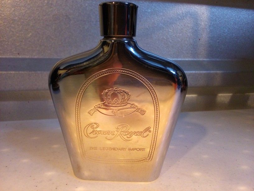 Vintage Crown Royal Legendary Import Chrome Silver Stainless Steel 6 Oz Flask