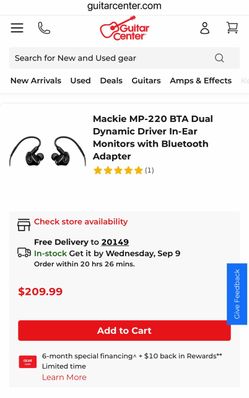 Mackie MP-220 BTA In-Ear Monitors with Bluetooth Adapter