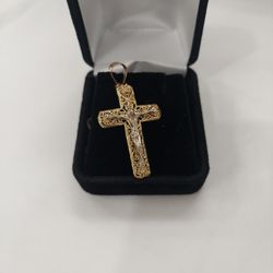 14k 2 Tone Filigree Cross Pendant