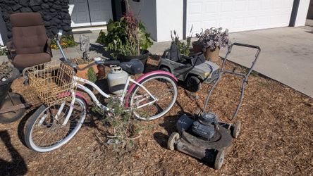 All free! Propane tank, bicycle, wheel barrow, electric kids car, lawnmower and plants