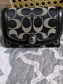 Coach signature C black and gray monogram canvas wallet with black leather trim