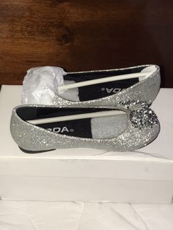 Girls Glitter Silver Flats with Bows