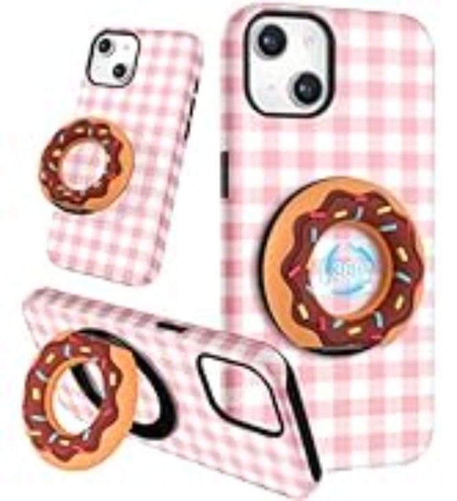 🍩📱 iPhone 15 Donut Case! Adorable Pink Gingham Grip Stand – Sweet & Stylish! ACT FAST!