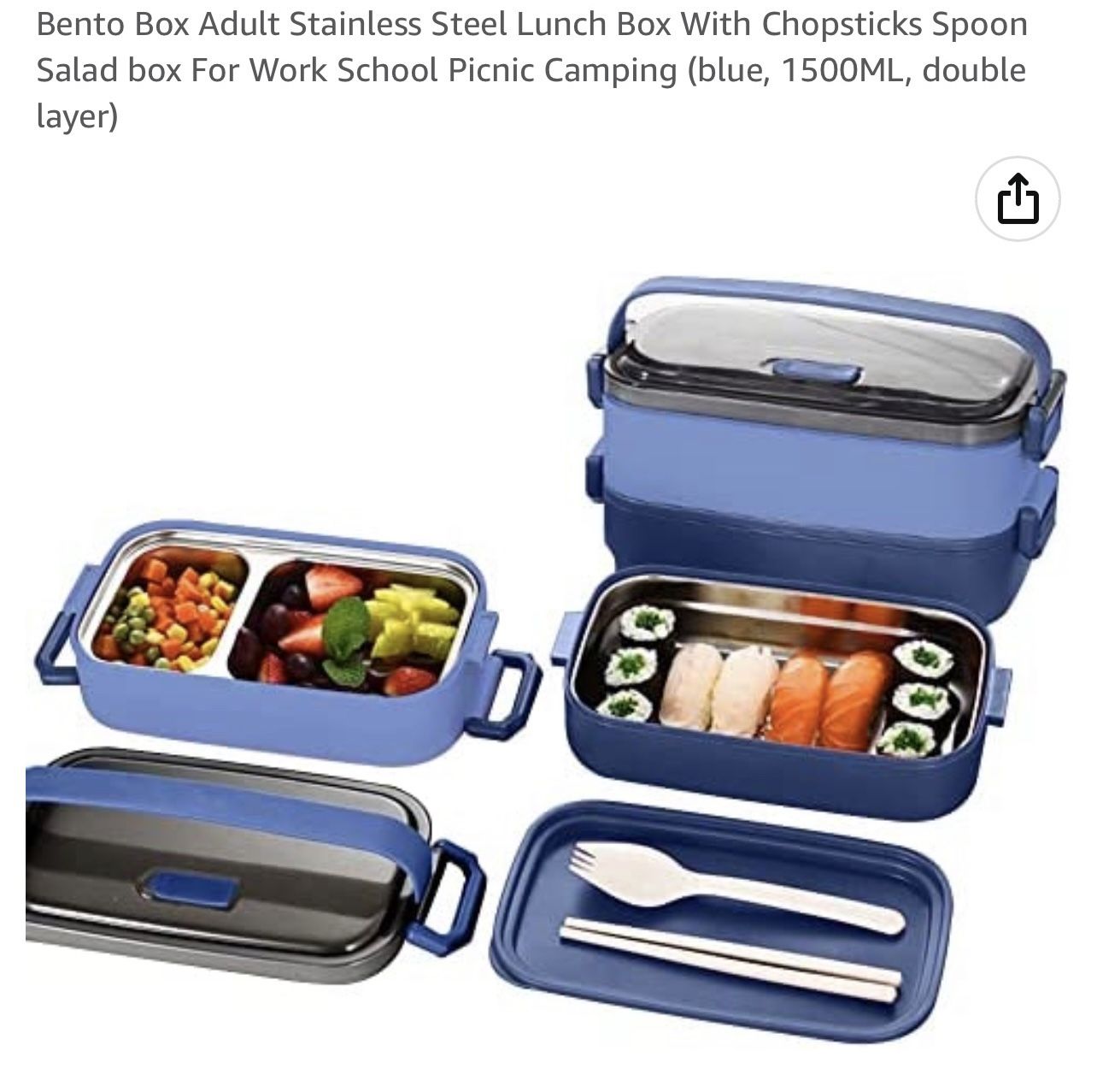 Bento Box Adult Stainless Steel Lunch Box With Chopsticks Spoon Salad box For Work School Picnic Camping (blue, 1500ML, double layer)