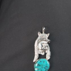Pure Silver, Native American  Pendent,  With Genuine Turquoise Stone