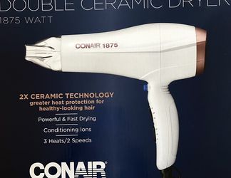 Conair 1875 Watt Double Ceramic Hair Dryer with Ionic Conditioning, White/Rose Gold, FULL SIZE