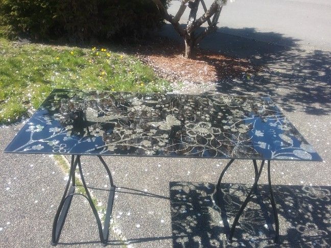 Black Glass Floral Home Design Dinning Table Computer Desk 60" by 32" by 30" High like New