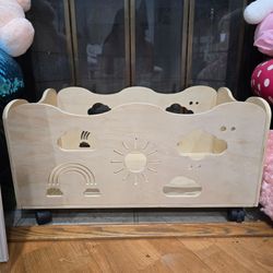 Kids Bookshelf Toy Bin with Wheels, 24" x 14.4" x 10.4"

 Scalloped Book Shelf for Kids Room Girls Boy Wooden Storage Trunk Mobile Wood Toy Box Rainbo