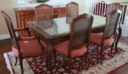 French Provincial Glass-Top Dining Table With 6 Cane-Back Chairs