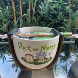 RICK & MORTY CERAMIC BOWL WITH WOODEN CHOPSTICKS NEW - 20 OZ