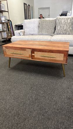 Wood Coffee Table with Rattan Drawers