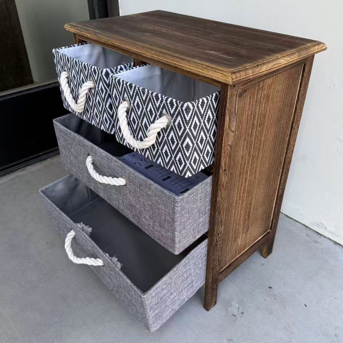 New In Box 20x12x23 Inch Tall 4 Fabric Drawers Mini Night Side Table Stand Brown And Gray Color Home Decor Cabinet